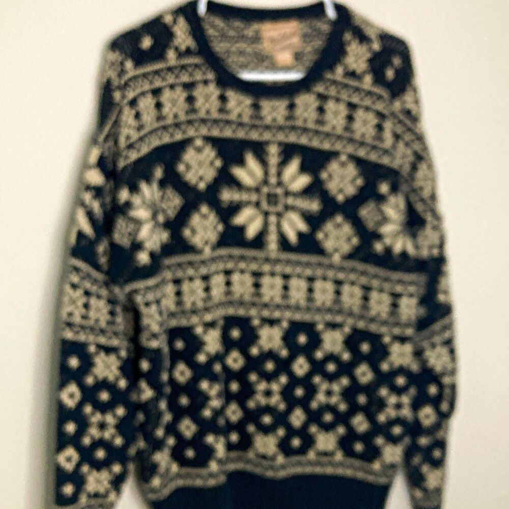 Woolrich Fair Isle Wool Knit Crewneck Pullover Sweater Men’s L Black Ivory